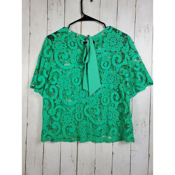 Nanette Lepore Green Lace Blouse Tie Back Women's Medium Short Sleeve Eyelet GUC - Picture 2 of 5